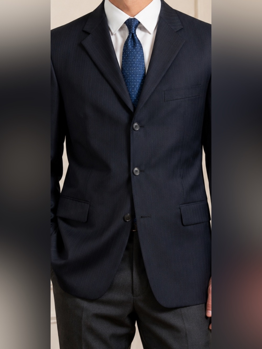 Alfani Men’s 100% Wool Navy Pinstripe Blazer Sport Coat 42R Made in Canada
